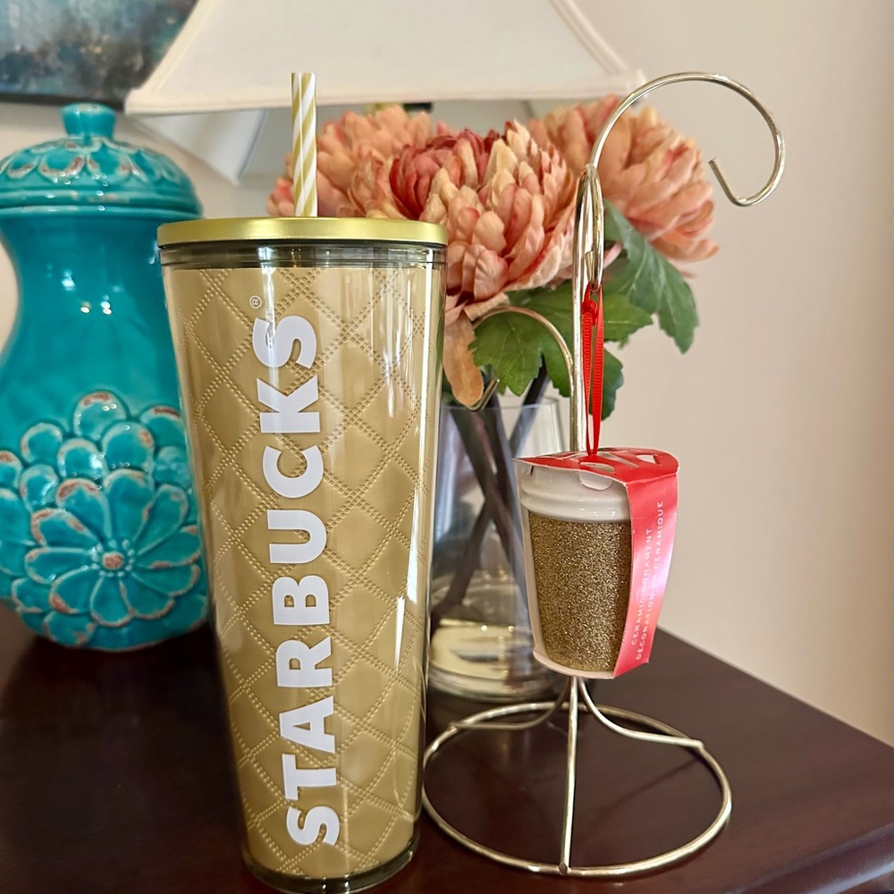 NWT Starbucks Bundle Limited Edition Gold Quilted Tumbler and Ceramic Ornament